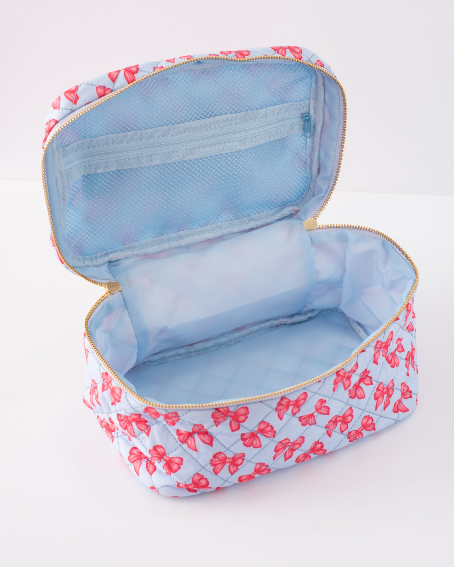 Baby Blue Bow Quilted Cosmetic Bag