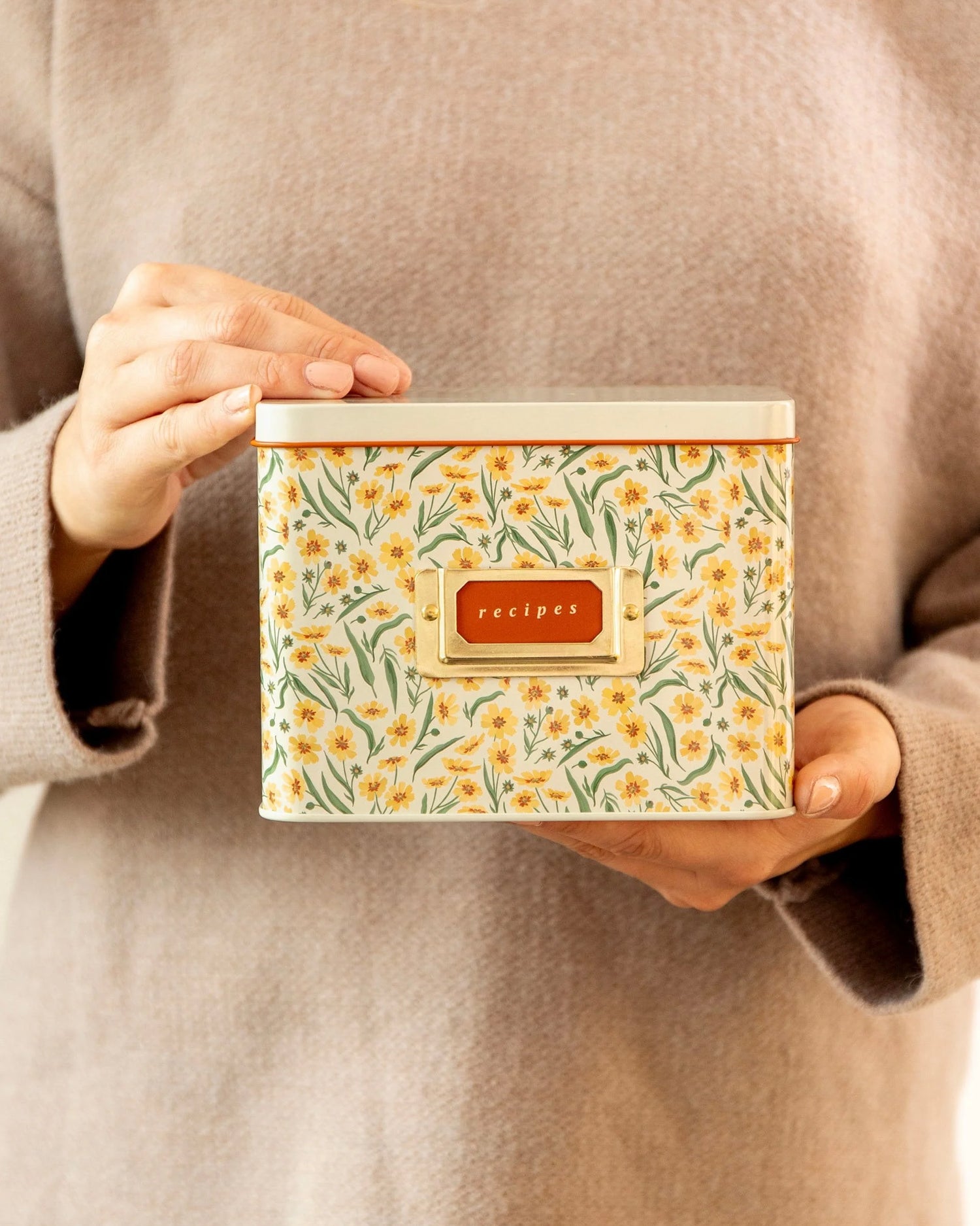 Goldenmane Floral Tin Recipe Box