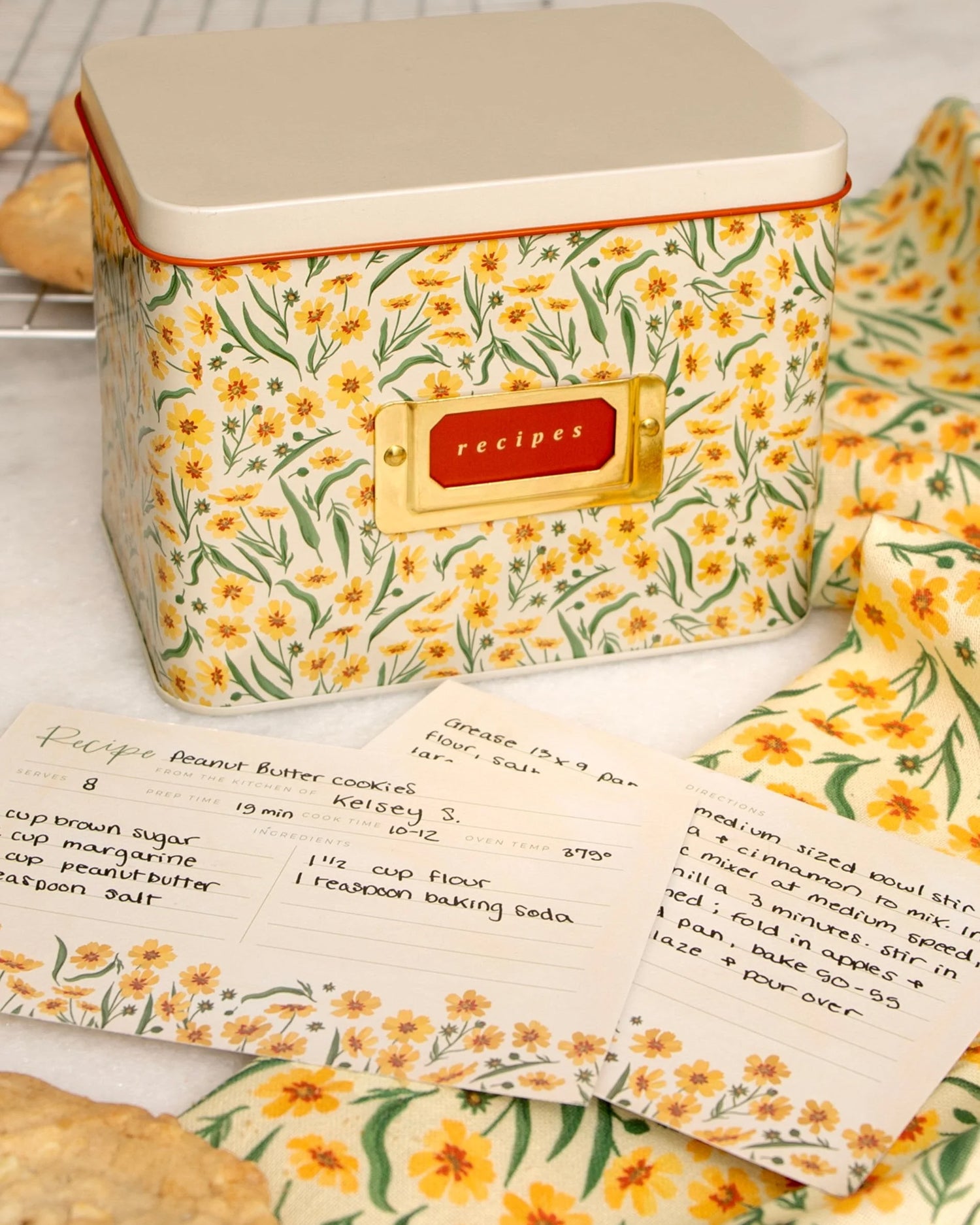 Goldenmane Floral Tin Recipe Box