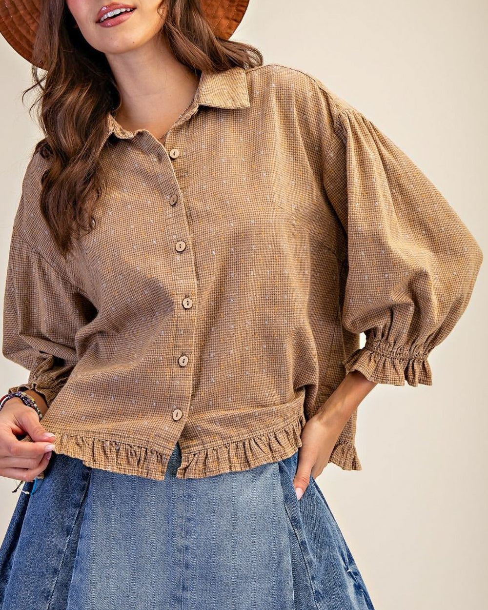 Mocha Grid Peasant Top