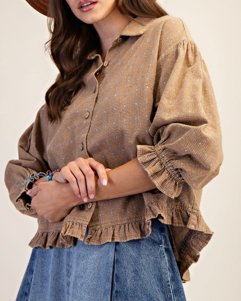 Mocha Grid Peasant Top