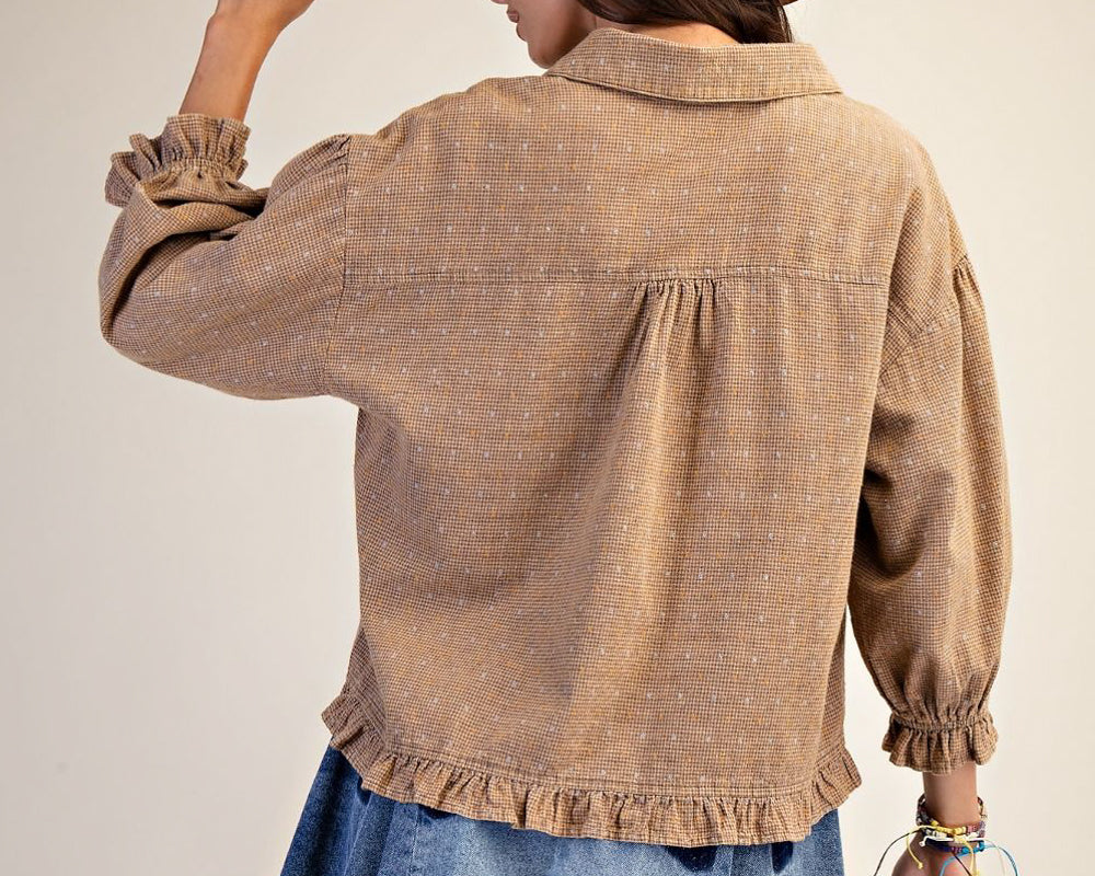 Mocha Grid Peasant Top