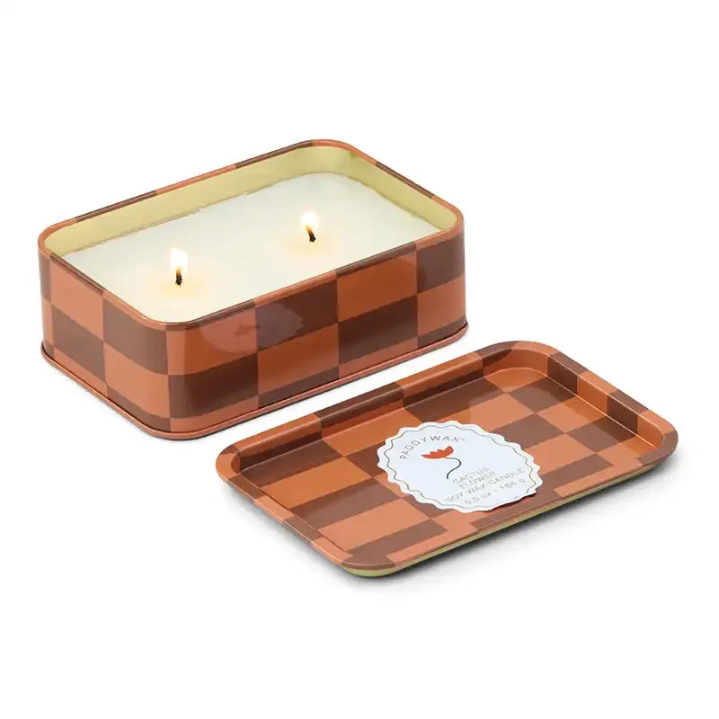 Cactus Flower Checkered Tin Candle