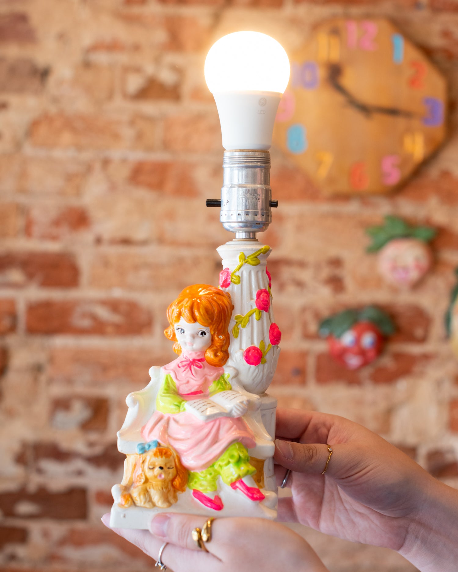 Vintage Chalkware Little Girl and Puppy Lamp