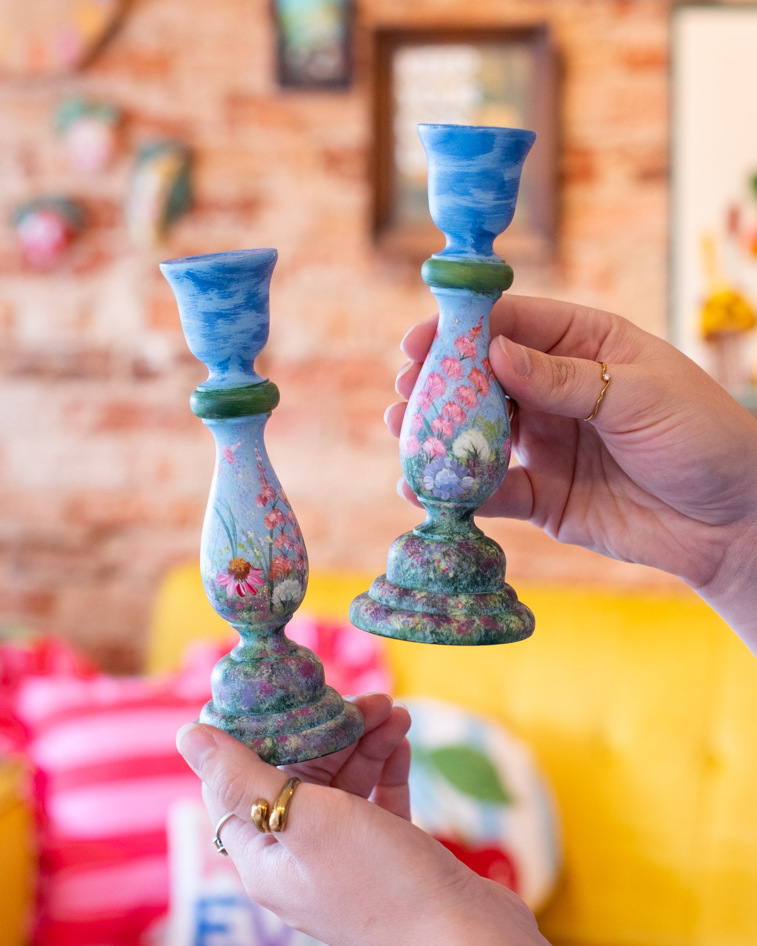 Vintage Hand Painted Floral Candlestick Set