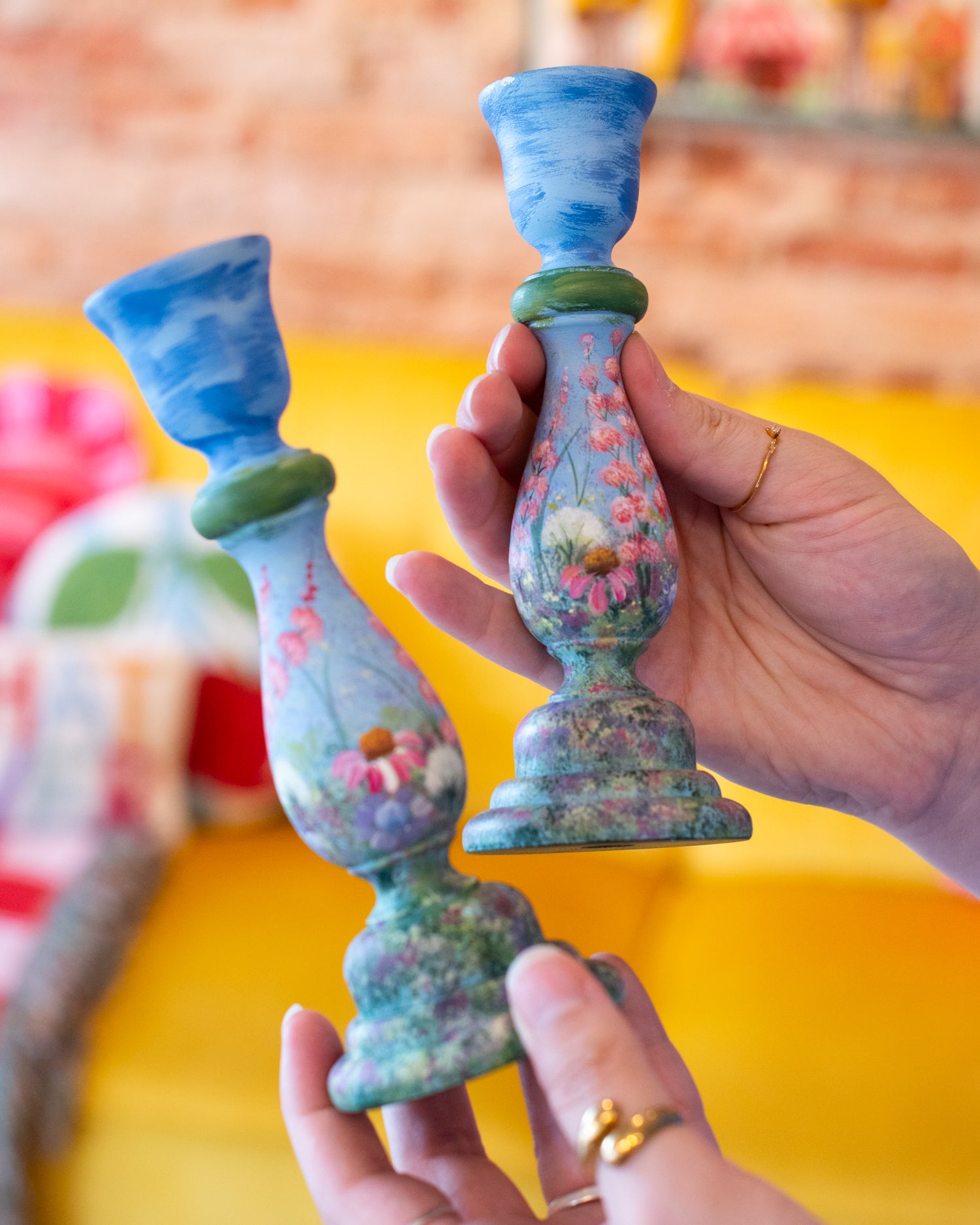 Vintage Hand Painted Floral Candlestick Set