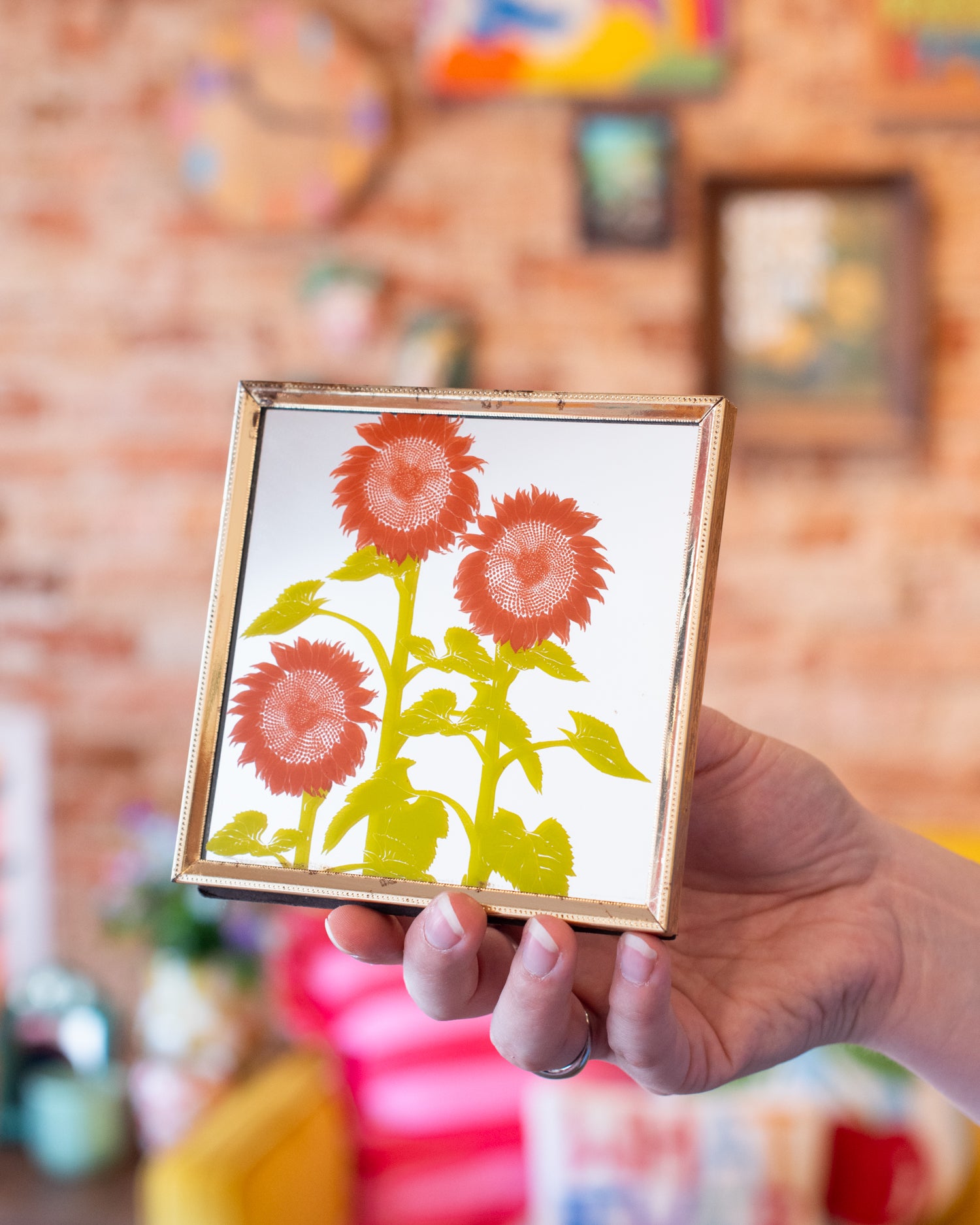 Vintage 1970s Sunflower Screen Print Mirror
