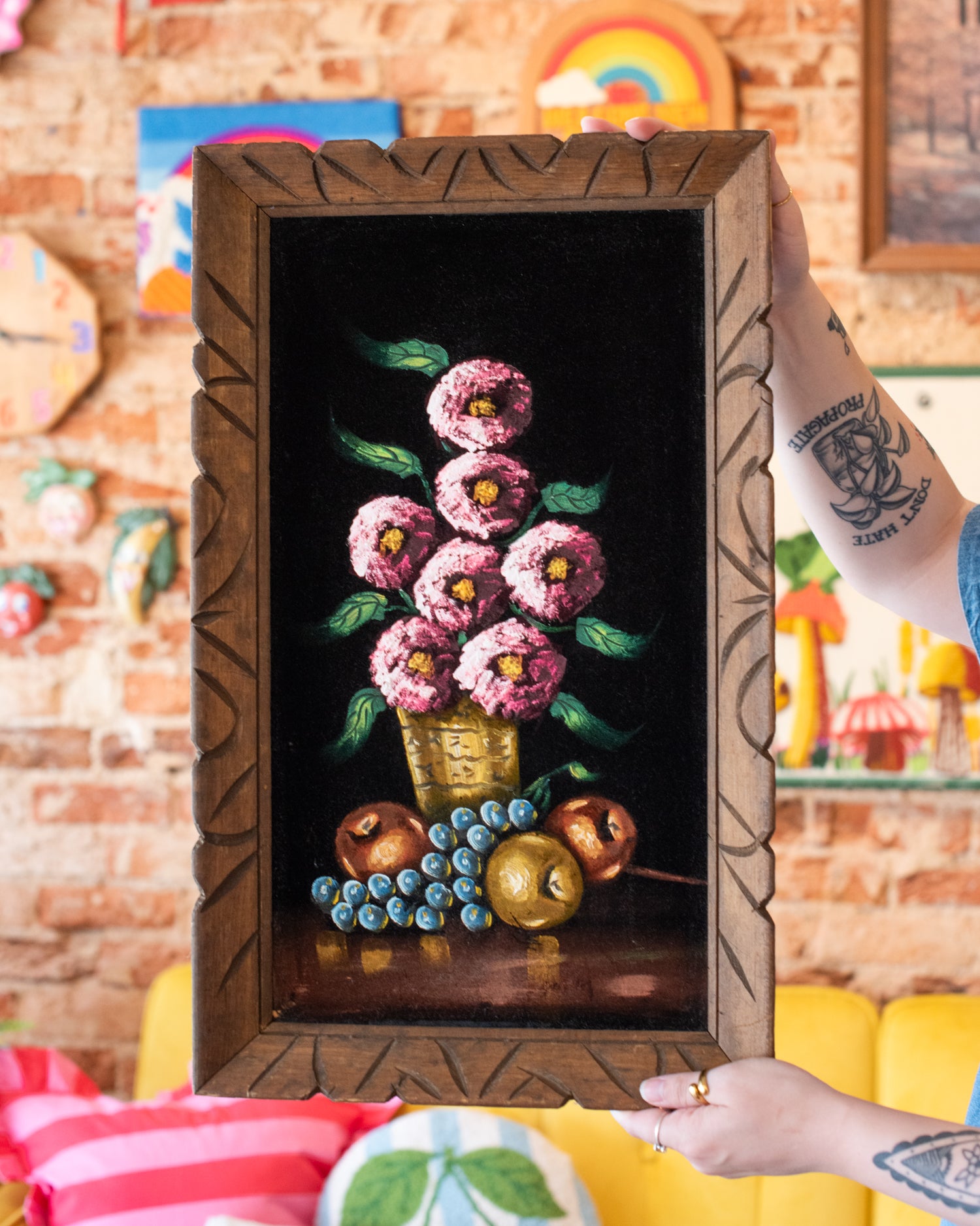 Vintage Black Velvet Floral Painting