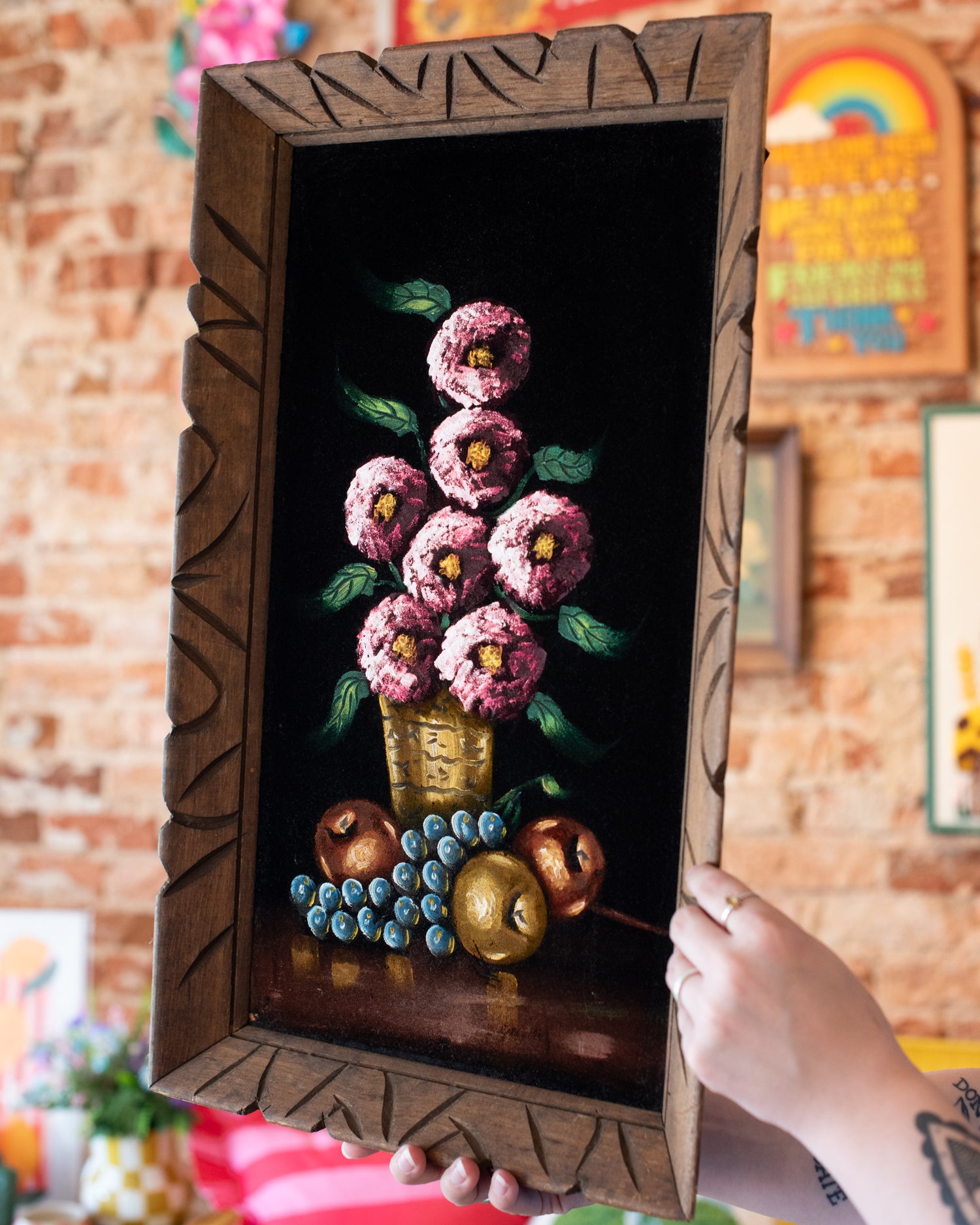 Vintage Black Velvet Floral Painting