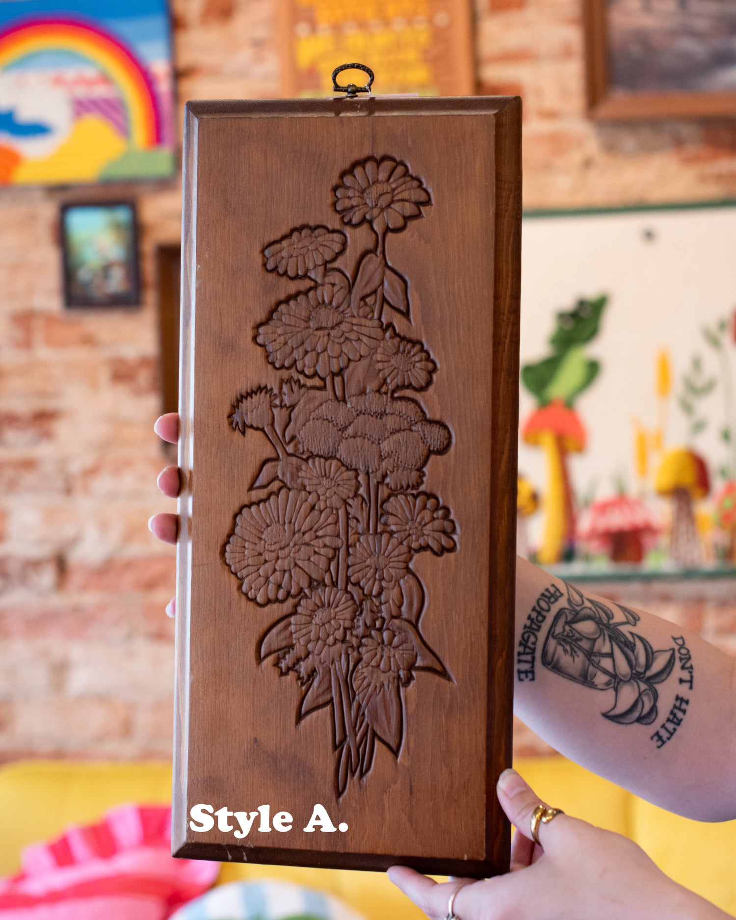 Vintage MCM Floral Wood Plaque Art