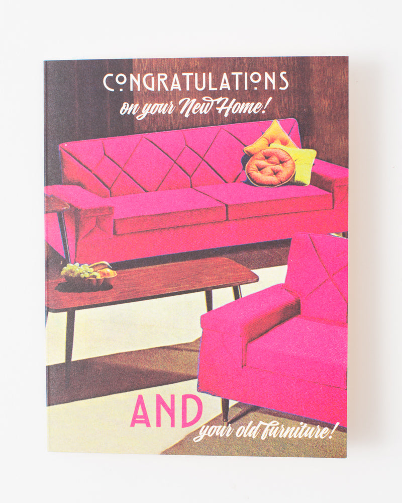 Congratulations on your new home greeting card for friends. Mid century aesthetic with pink couch. 