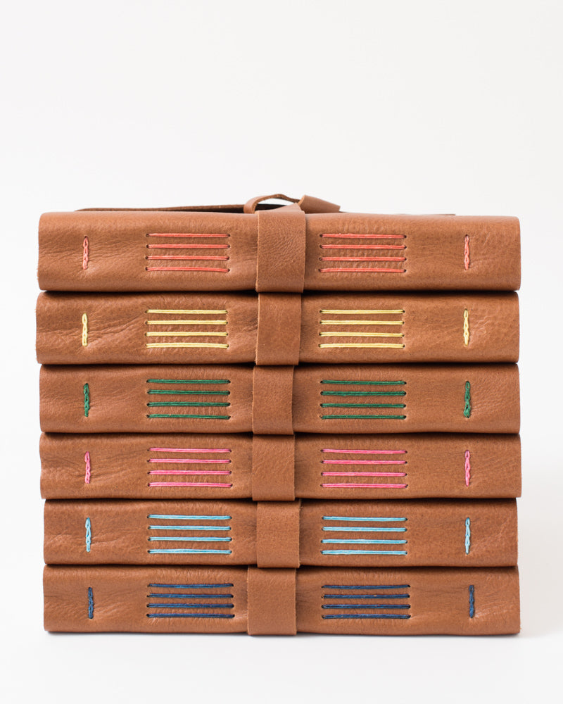 leather journal with leather strap rainbow stitch 