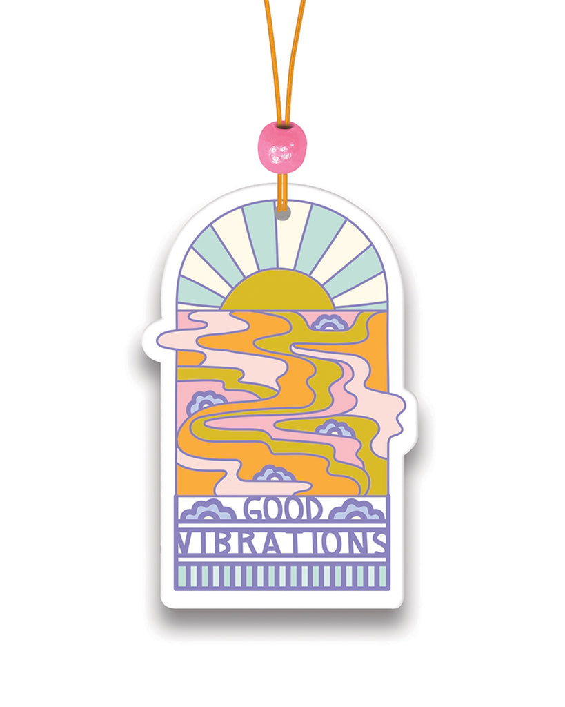 Retro inspired groovy sunshine hanging air freshener with good vibrations text