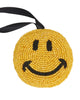 beaded yellow smiley face ornament with black silk ribbon hanger