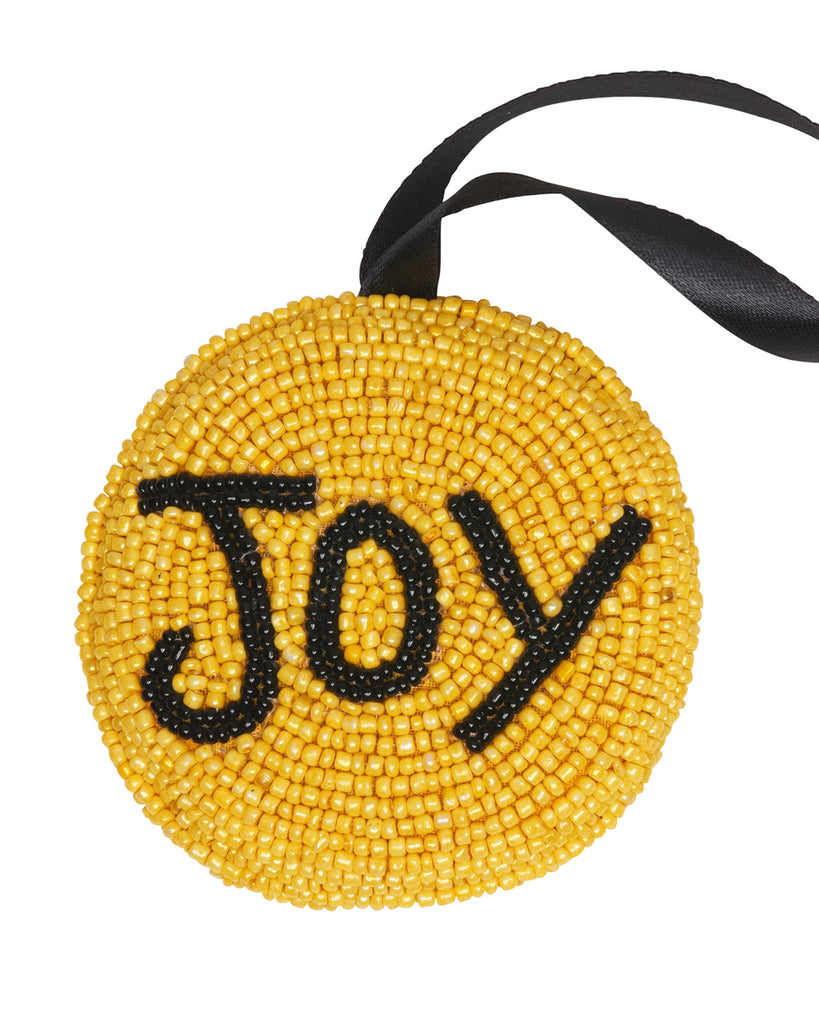 beaded yellow smiley face ornament with joy text in black on reverse with black silk ribbon hanger 