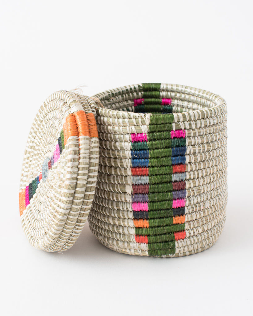 Woven boho basket bowl with lid. Rainbow accents