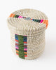 Woven boho basket bowl with lid. Rainbow accents