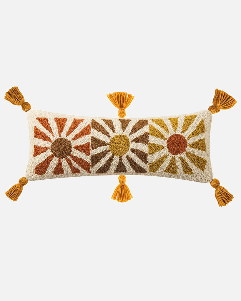 boho sunshine handmade hook pillow with warm colors and tassels