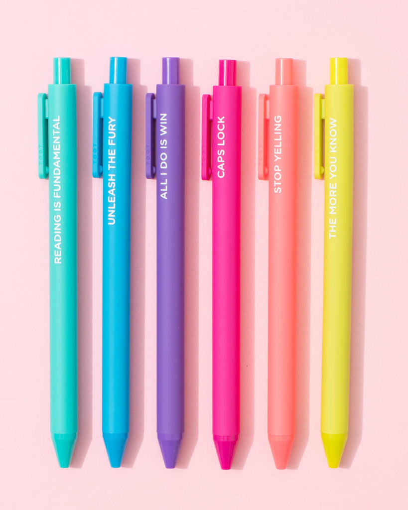 bright rainbow colored retractable pen set with funny sayings and quotes