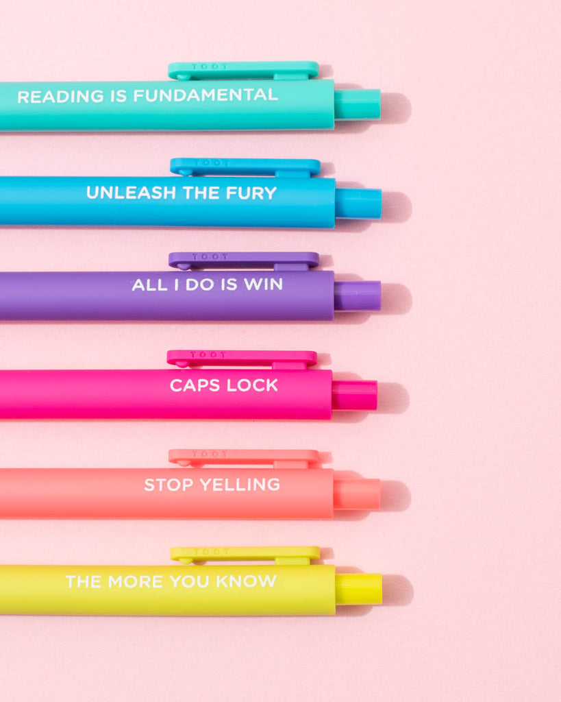 bright rainbow colored retractable pen set with funny sayings and quotes