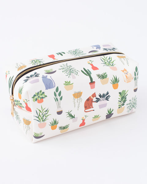 Cosmetic pouch with cat and plant print