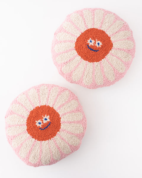 handmade pink round hook pillow with smiley daisy design