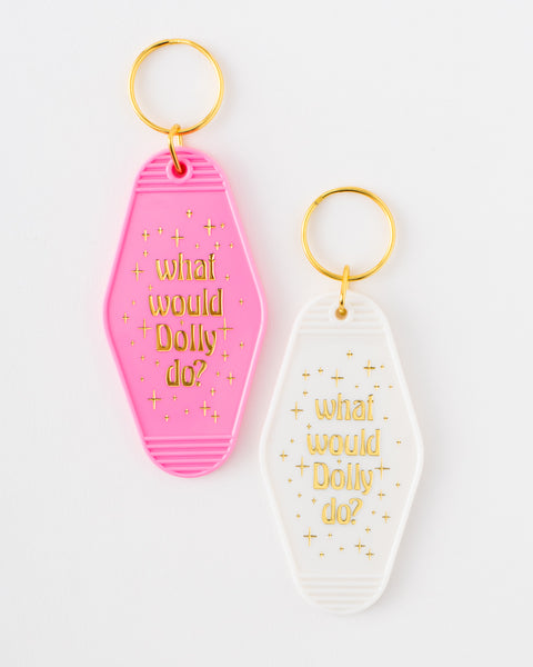 pink and white hotel keychain inspired keychains with gold foil text what would dolly do
