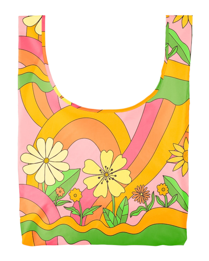 retro inspired groovy reusable market bag with vintage flower motif