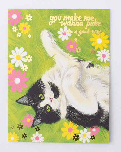 retro vintage inspired cat card with daisy design and foil text 'you make me wanna puke in a good way'