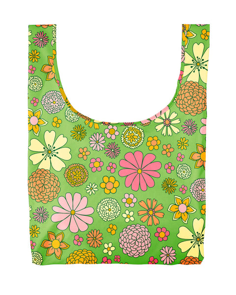 green groovy reusable travel tote bag with daisy pattern