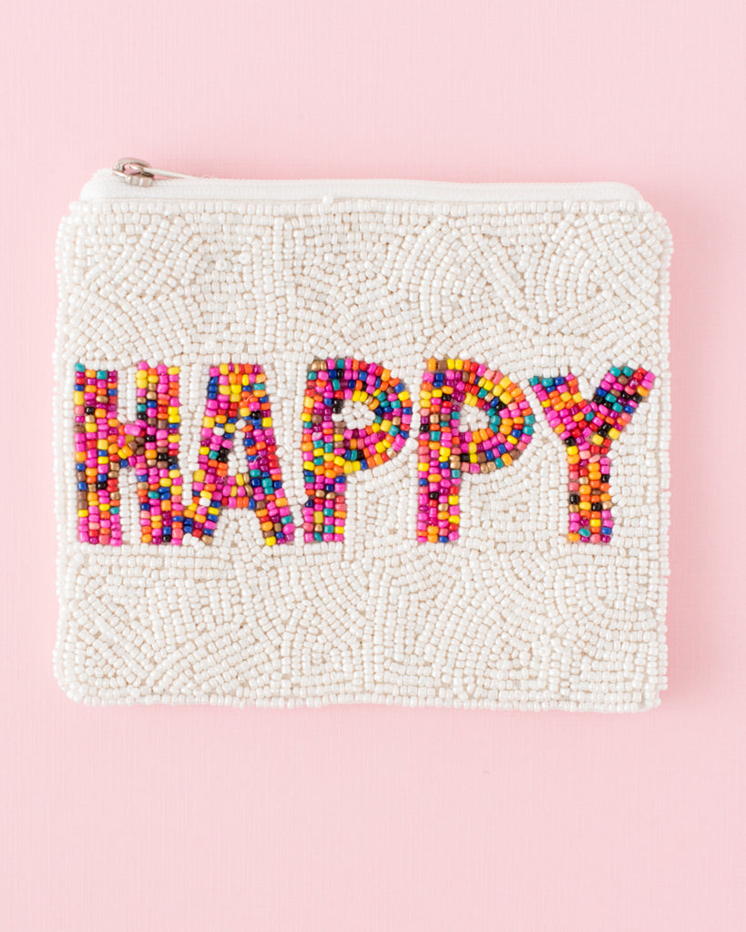 white beaded coin purse with happy rainbow text