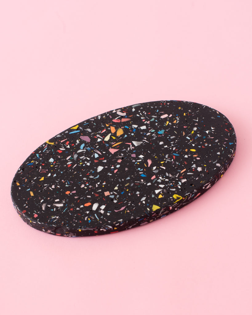 Handmade terrazzo tray coaster. Black with rainbow flecks