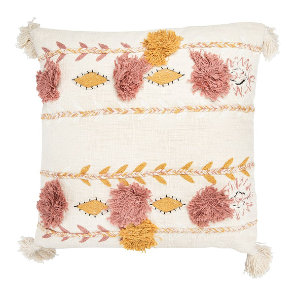 Boho square pillow with woven design and pink and yellow tassels
