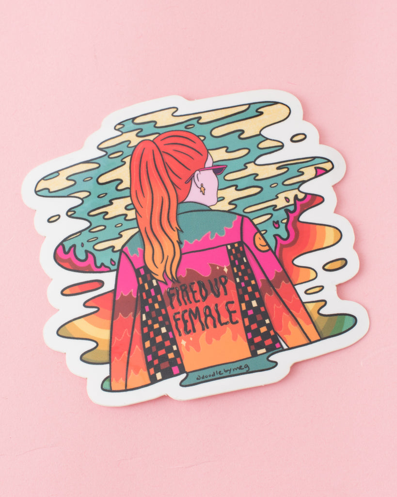 fired up female sticker with flame and girl motif