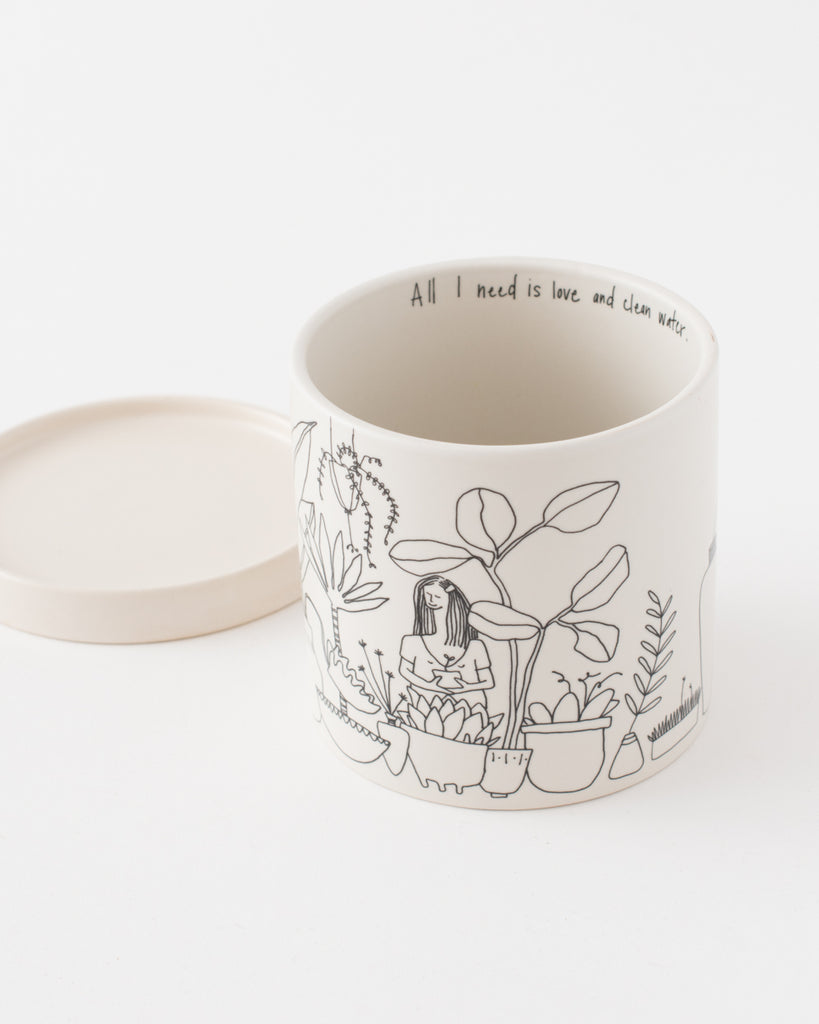 line drawn woman with plants design planter with drip tray 'all i need is love and clean water'