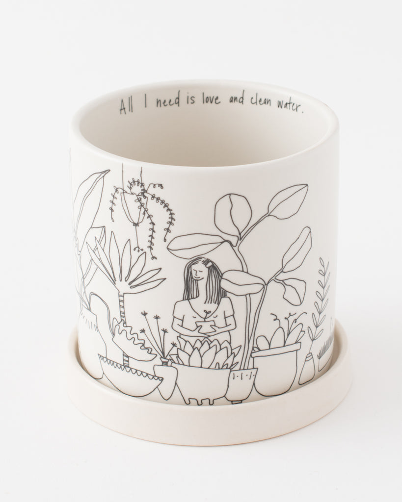 line drawn woman with plants design planter with drip tray 'all i need is love and clean water'