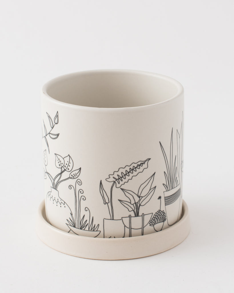 line drawn woman with plants design planter with drip tray 'all i need is love and clean water'