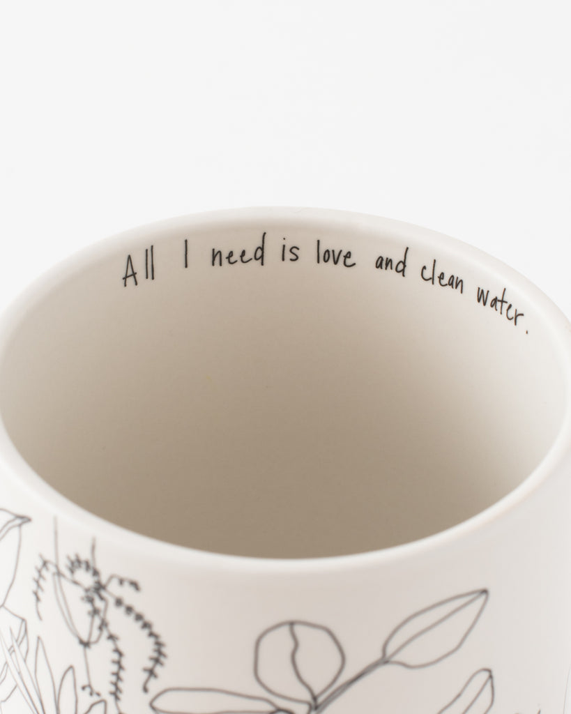 line drawn woman with plants design planter with drip tray 'all i need is love and clean water'