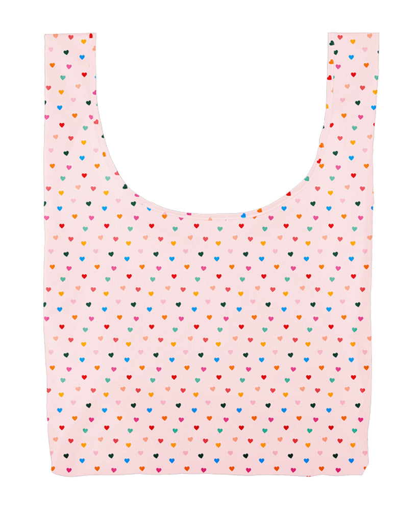 pink reusable market bag tote with rainbow mini tiny hearts pattern