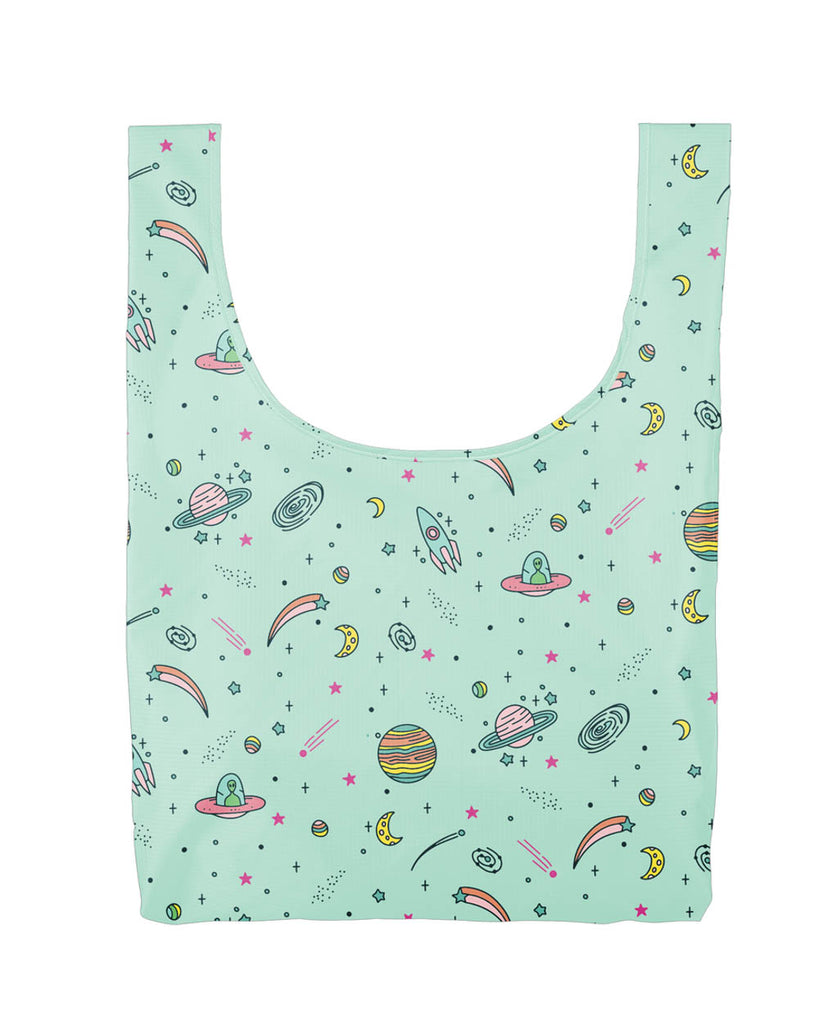 Space pattern design reusable tote with alien and planet motifs