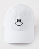 white ballcap style hat with black embroidered smiley face