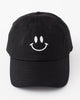 black baseball cap style hat with white embroidered smiley face