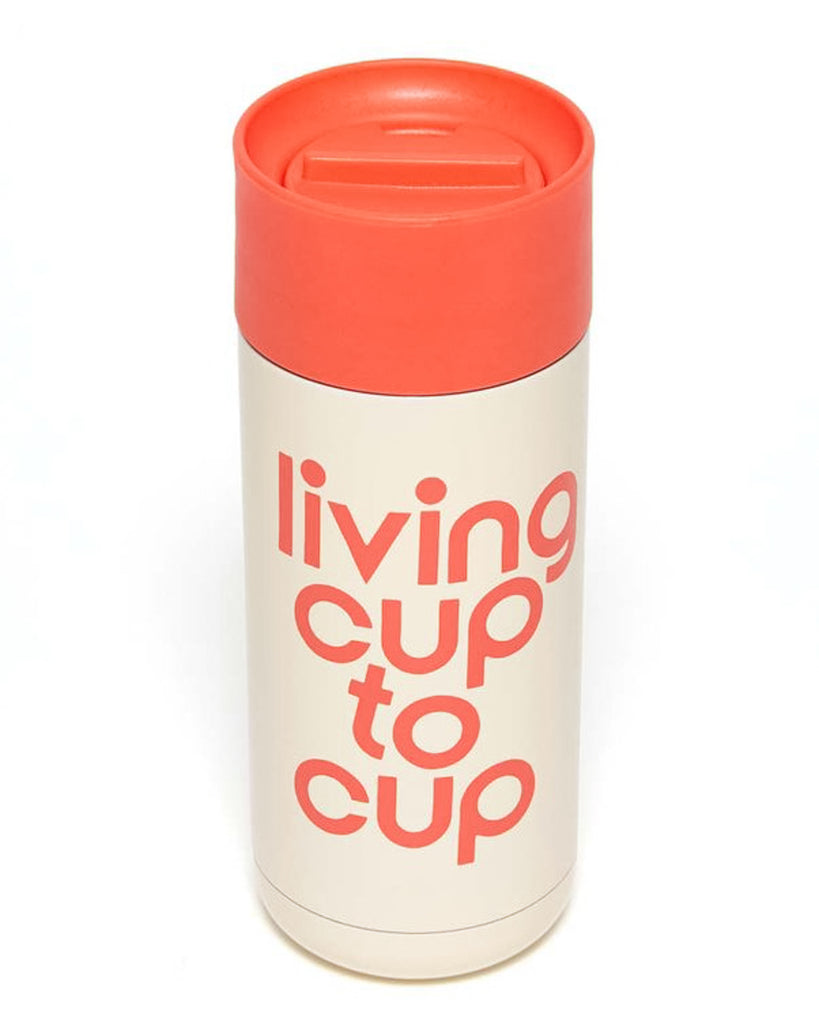 metal travel coffee mug with retro text 'living cup to cup'