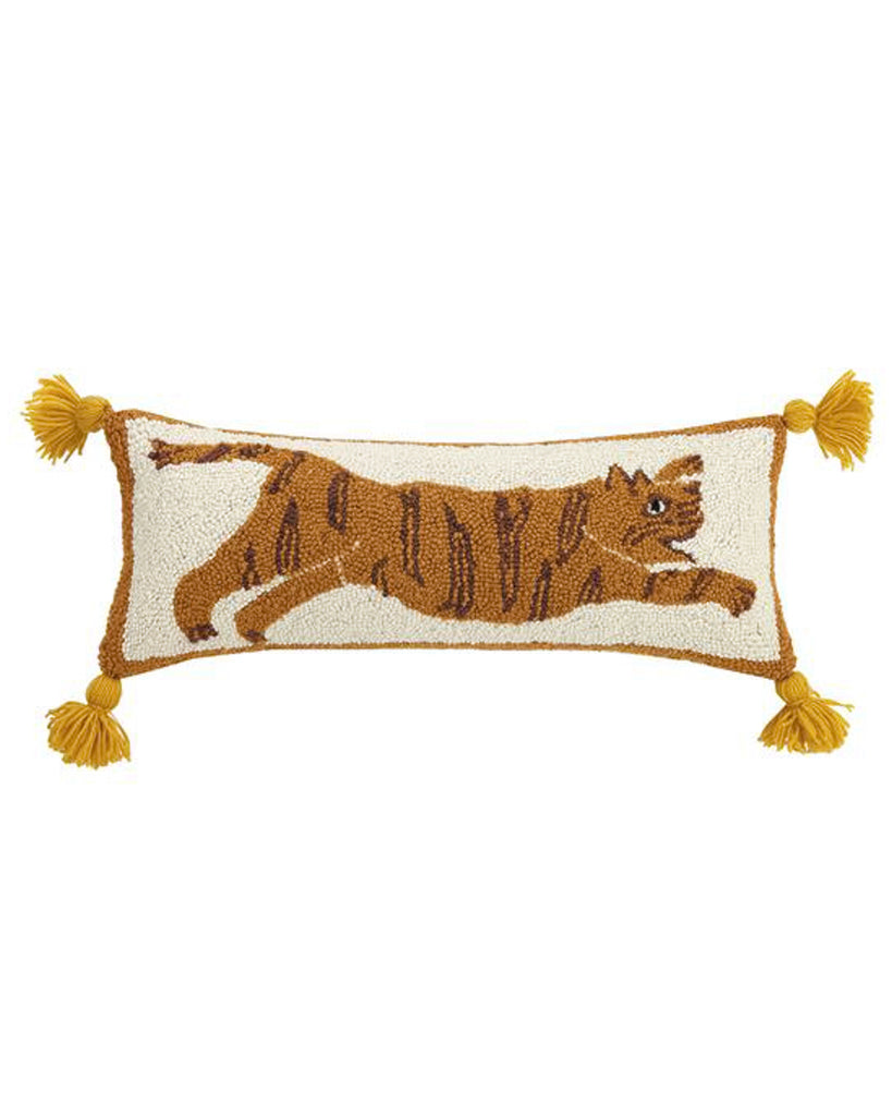 Handmade latch hook pillow with tiger design and tassels