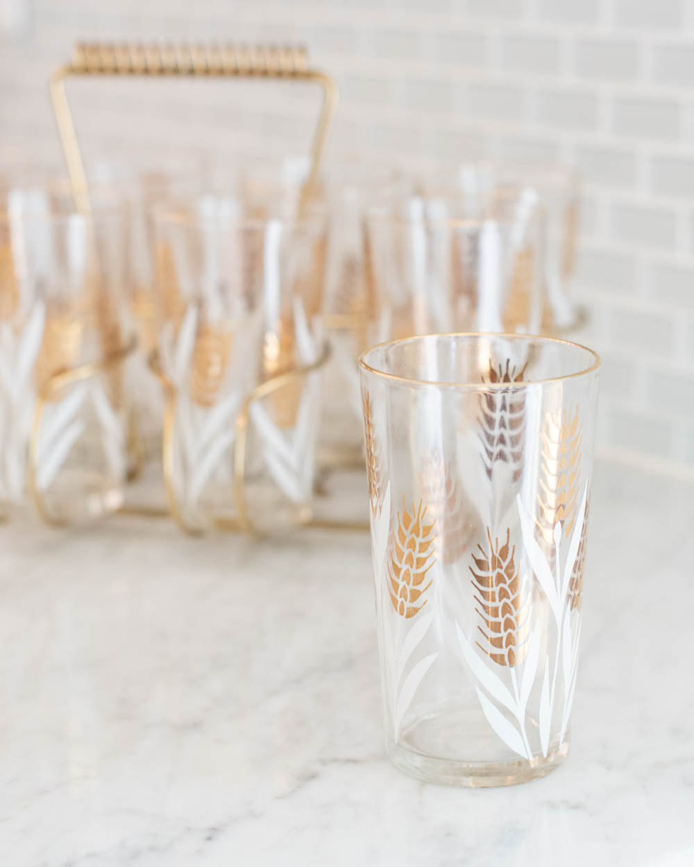 Vintage Wheat Glasses with Carrier