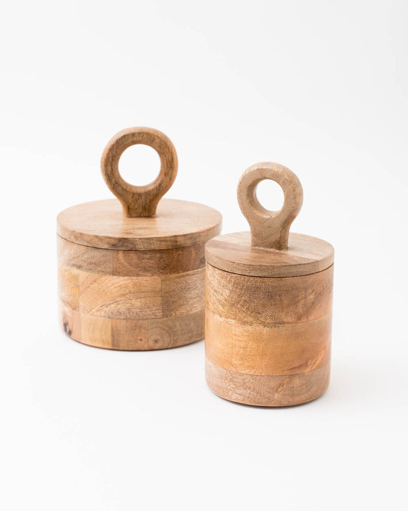 boho mango wood canisters with round hoop lid