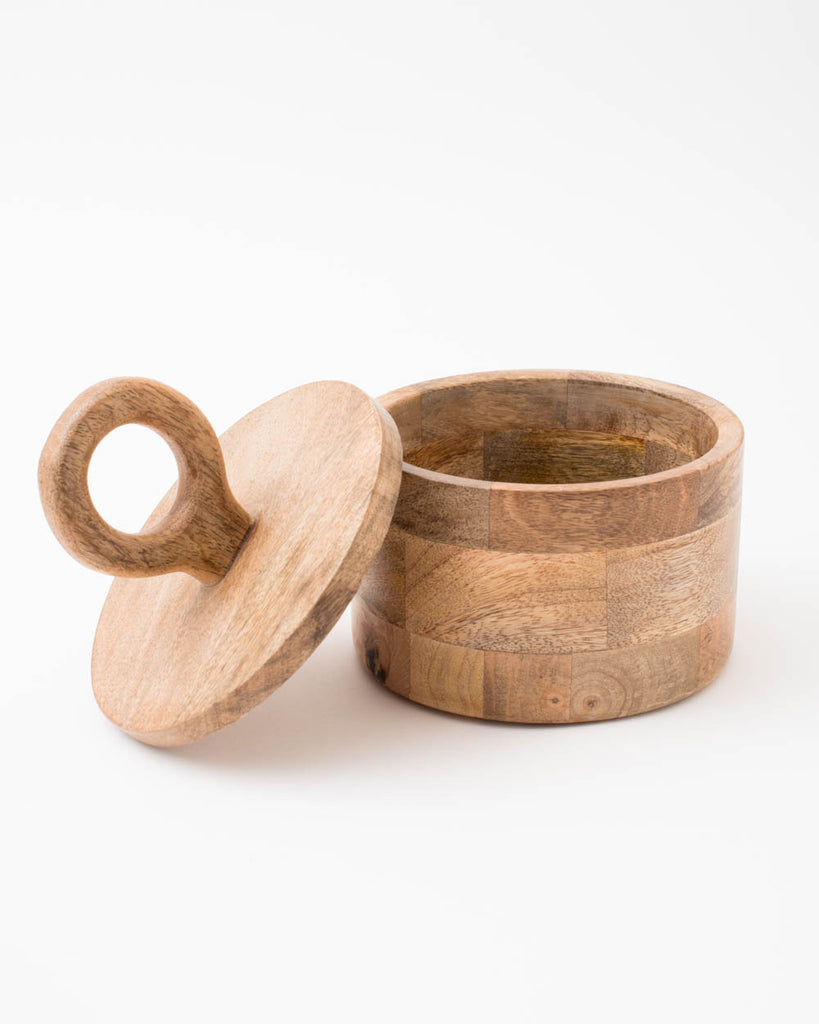 boho mango wood canisters with round hoop lid