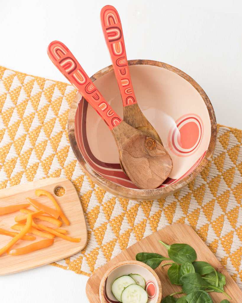 boho inspired wooden salad tongs with coral rainbow design