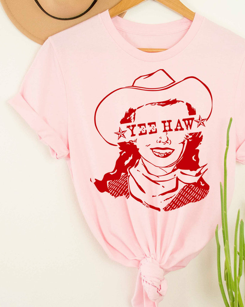 pink crew neck tee with country girl motif yee haw western script text
